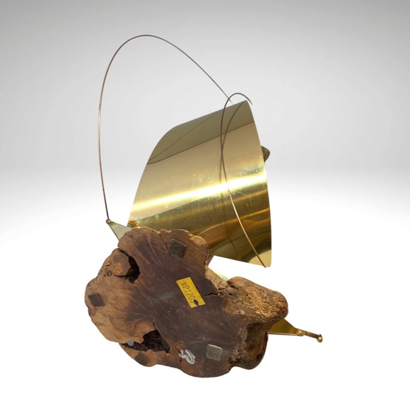 Vintage Brass Sailboat Sculpture Burlwood Base Windsurfer Nautical Handmade 15” - Picture 9 of 10